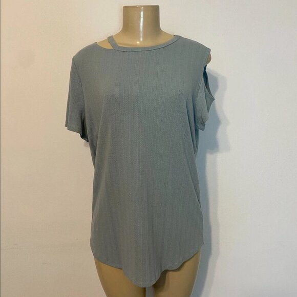 NWOT Chenault Status Top Cut-Out Ribbed Short Sleeves Slate Blue Size Large Knit - Picture 1 of 6